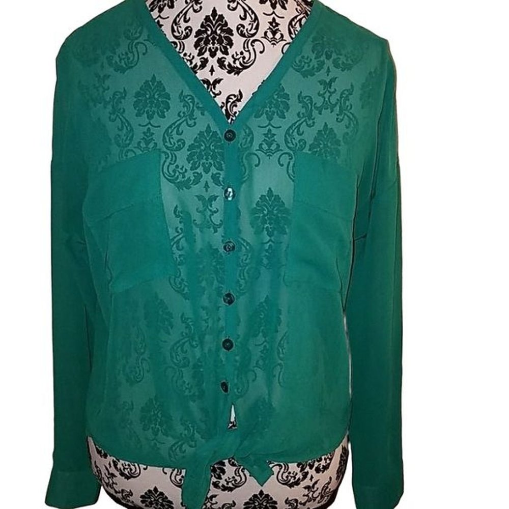 Green sheer button down shell top small